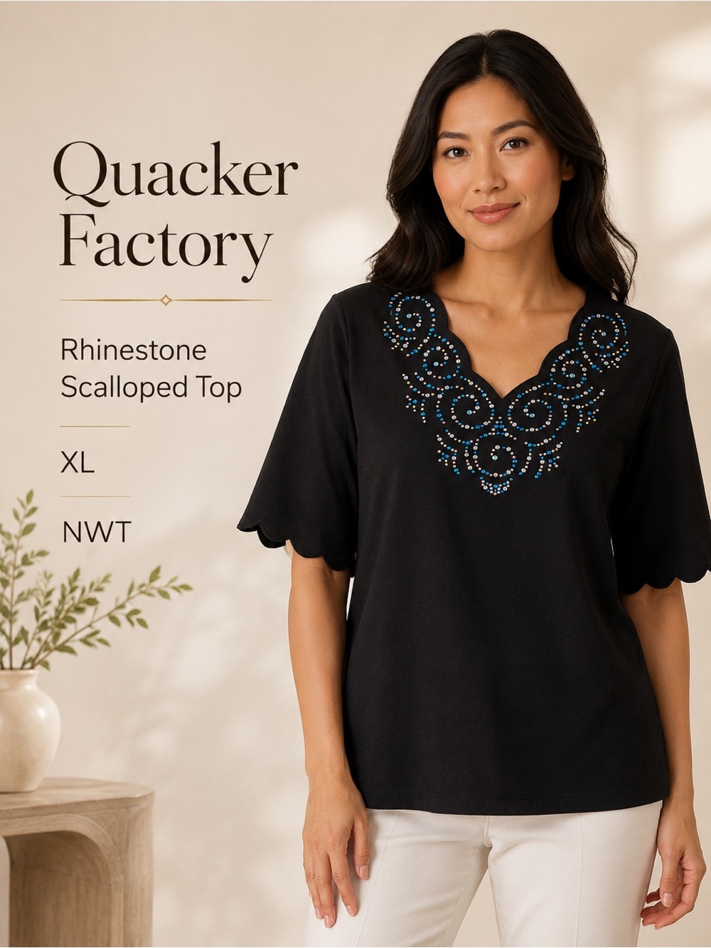 Quacker Factory Black Rhinestone Scalloped Top Size XL NWT